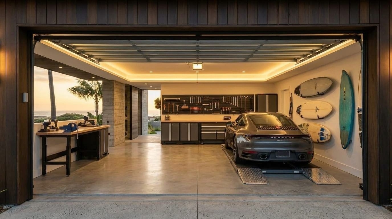 Rachael Fletcher Garage Door Services Interior View of Custom Garage Door Overhead and Workshop